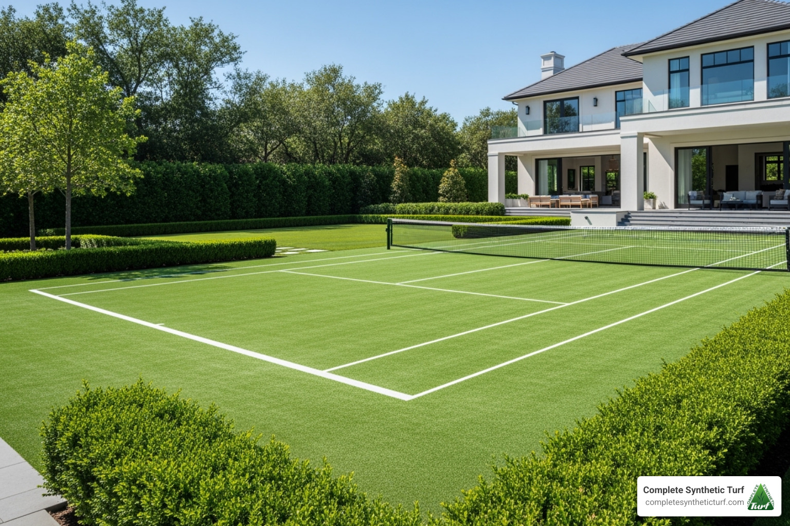 beautiful residential artificial grass tennis court showcasing property value improvement - fake grass tennis court