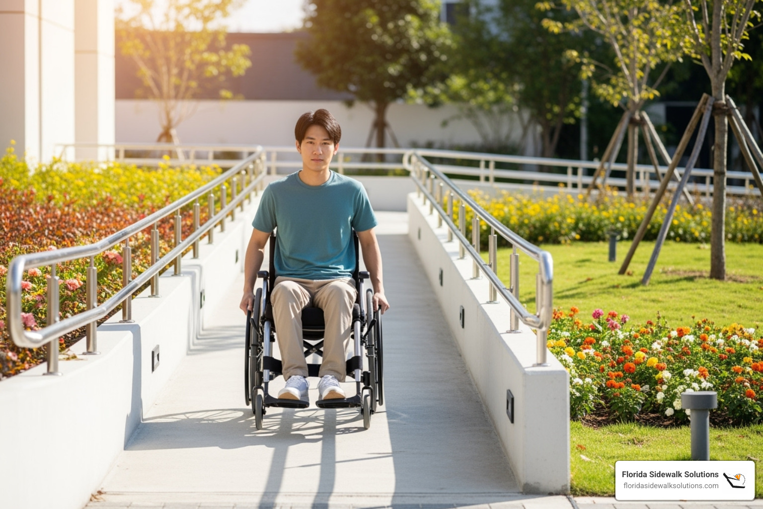 Person in wheelchair safely navigating a well-constructed concrete ramp with proper slope and handrails - ada ramp slope