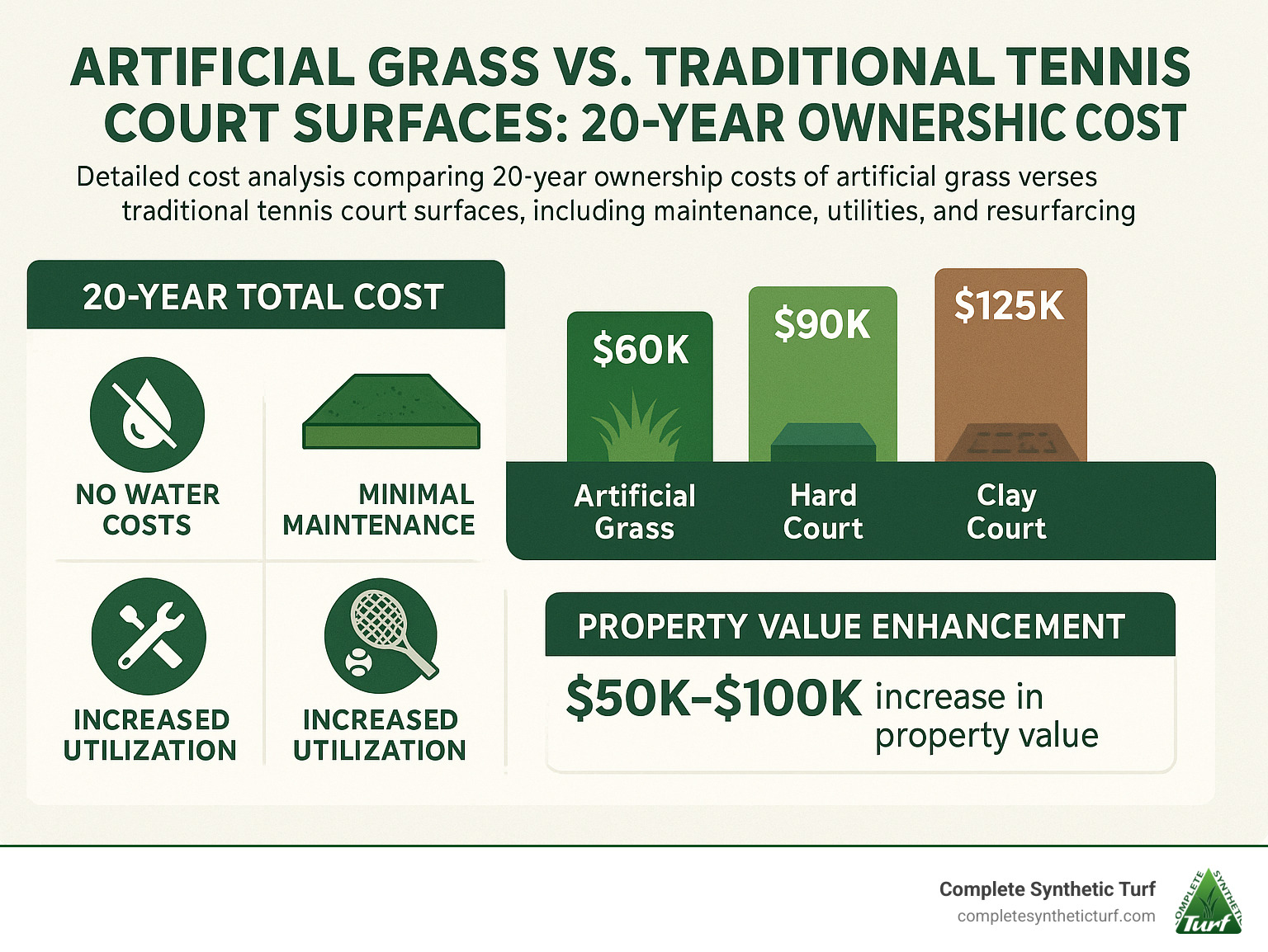 Detailed cost analysis comparing 20-year ownership costs of artificial grass versus traditional tennis court surfaces, including maintenance, utilities, and resurfacing expenses - fake grass tennis court infographic 
