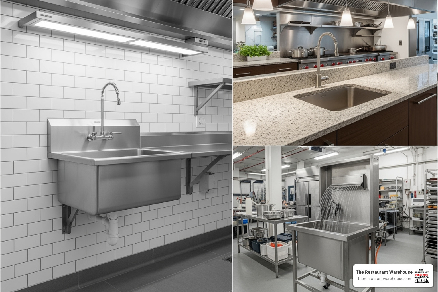 collage showcasing wall-mounted, drop-in, and portable hand sinks in different kitchen environments - commercial kitchen hand wash sink