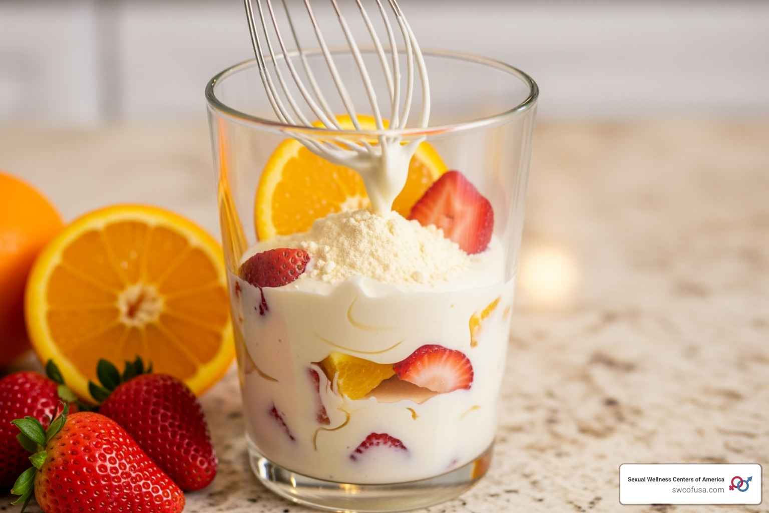 collagen powder being stirred into a smoothie with oranges and strawberries - collagen peptides help hair growth
