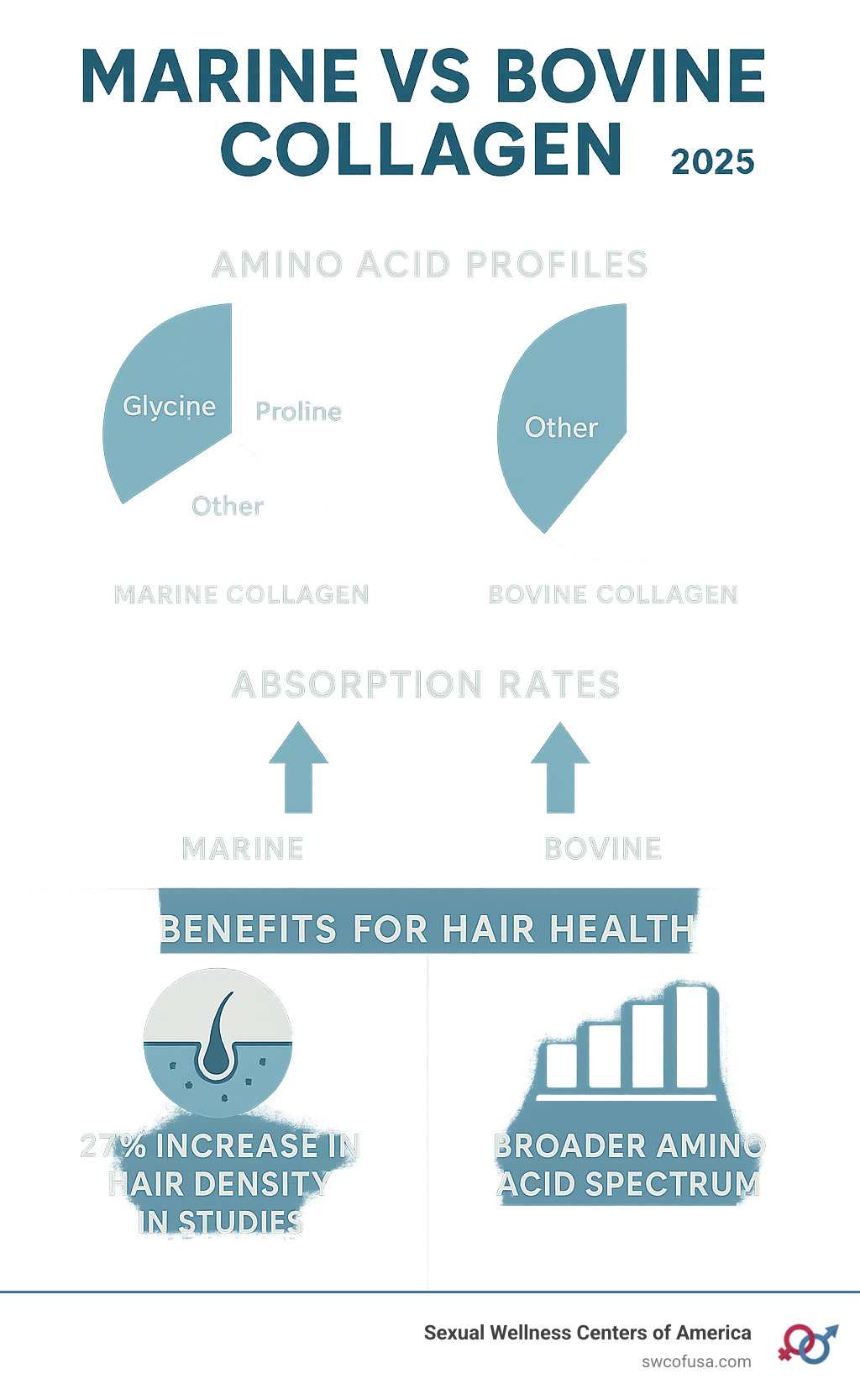 Infographic comparing marine vs bovine collagen showing amino acid profiles, absorption rates, and specific benefits for hair health, with marine collagen showing 27% increase in hair density in studies and bovine collagen showing broader amino acid spectrum - collagen peptides help hair growth infographic