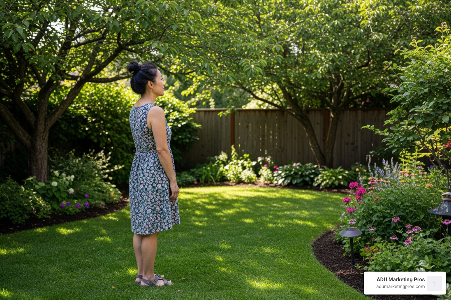 Person looking thoughtfully at their backyard, envisioning where an ADU could go - adu builder los angeles