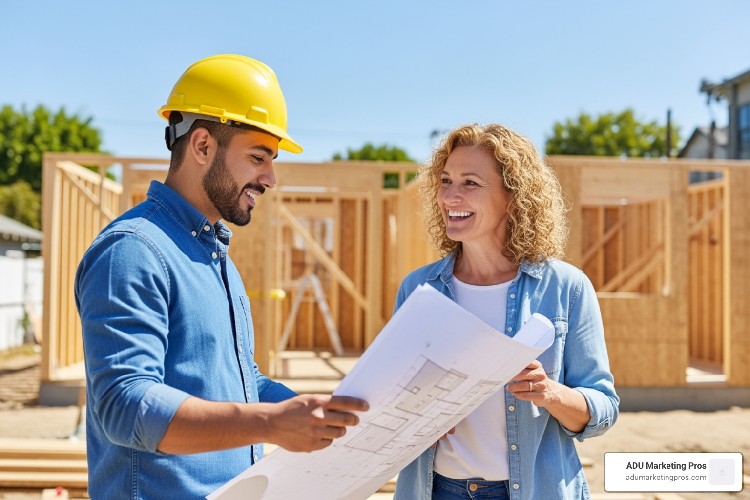 Friendly, professional construction manager in a hard hat discussing plans with a smiling homeowner on an active ADU construction site - adu builder los angeles