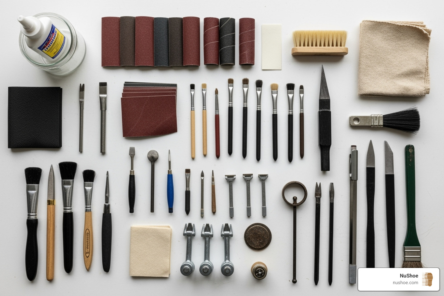 all the necessary tools and materials for shoe repair laid out neatly - how to fix cracked rubber sole