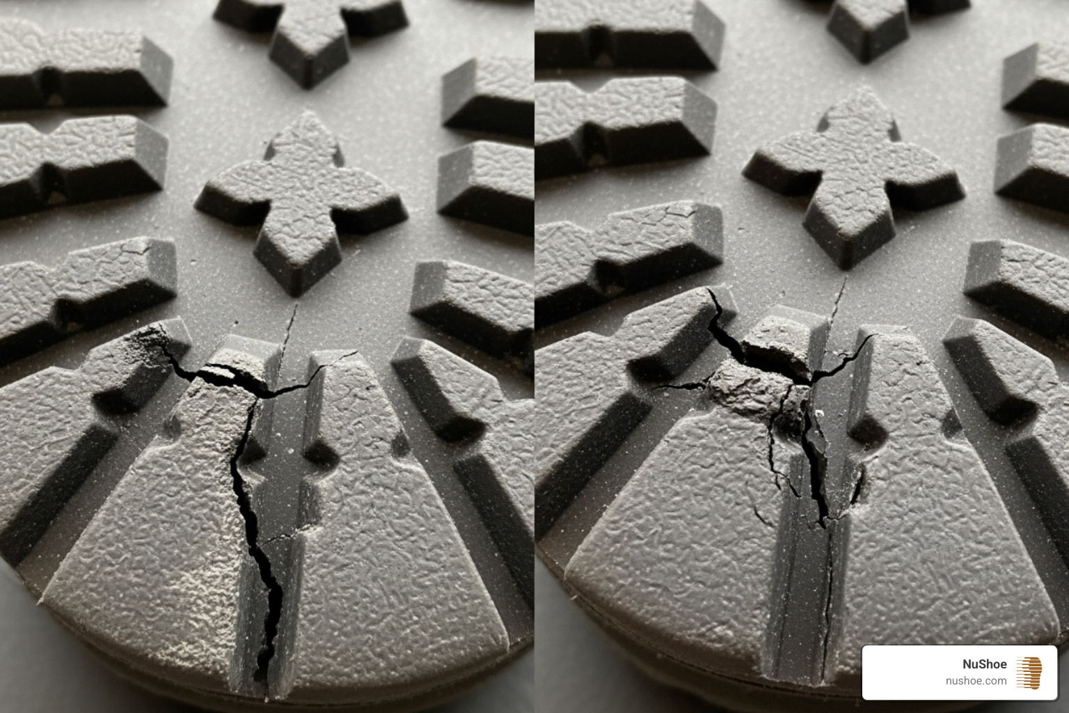 side-by-side comparison of a cracked sole before and after repair - how to fix cracked rubber sole