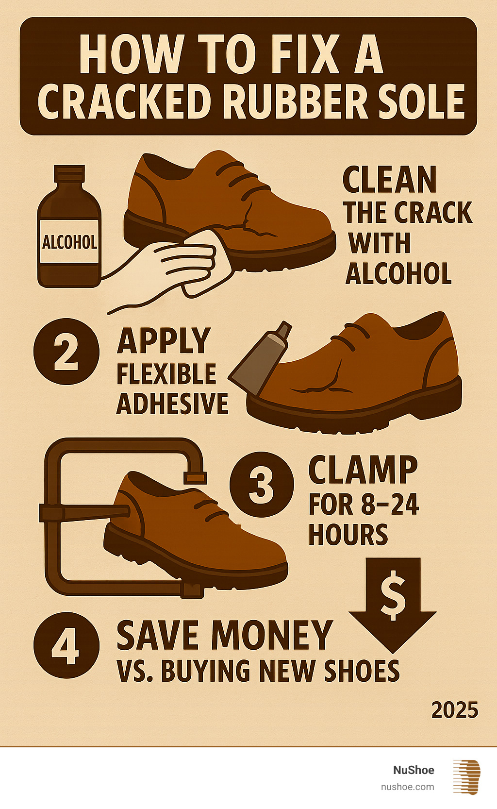 Infographic showing step-by-step process for repairing cracked rubber soles, including cleaning with alcohol, applying flexible adhesive, clamping for 8-24 hours, and the cost savings versus buying new shoes - how to fix cracked rubber sole infographic 