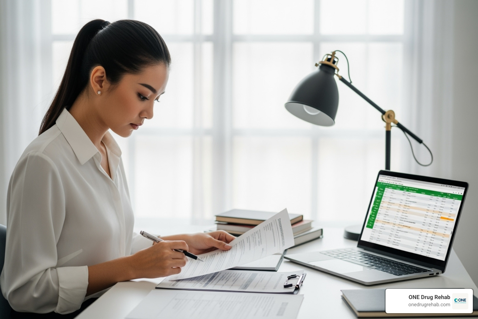 Person reviewing financial aid documents and insurance paperwork at a desk - 90 day rehab cost