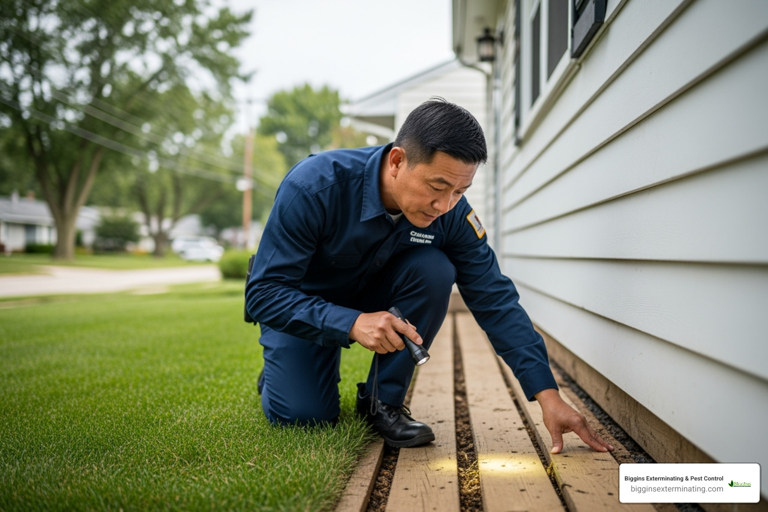Professional termite inspector examining foundation - signs of termites