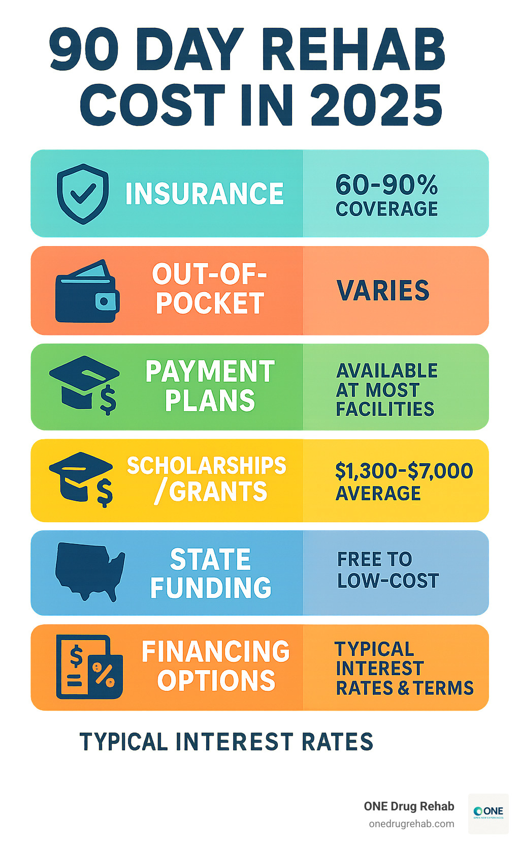 Infographic showing payment options breakdown: Insurance (60-90% coverage), Out-of-pocket (varies), Payment plans (available at most facilities), Scholarships/grants ($1,300-$7,000 average), State funding (free to low-cost), and financing options with typical interest rates and terms - 90 day rehab cost infographic 