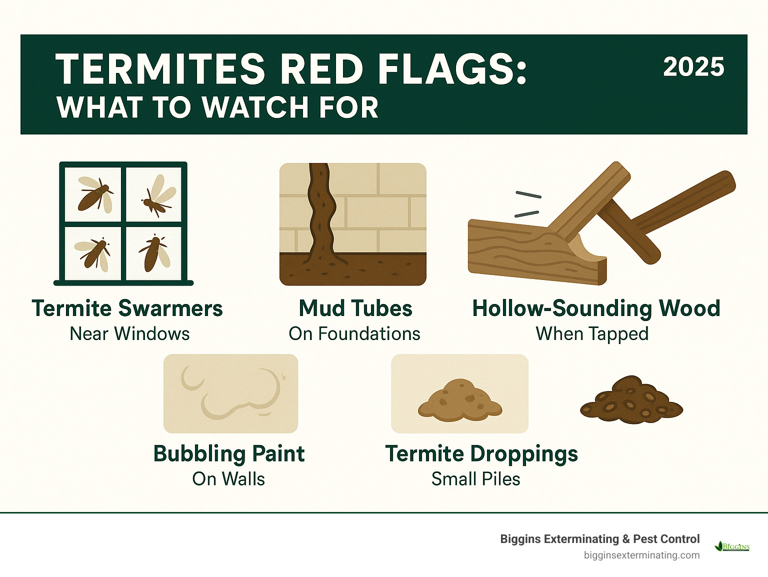 Infographic showing the top 5 visual signs of termite infestation: termite swarmers near windows, mud tubes on foundations, hollow-sounding wood when tapped, bubbling paint on walls, and small piles of termite droppings - signs of termites infographic 