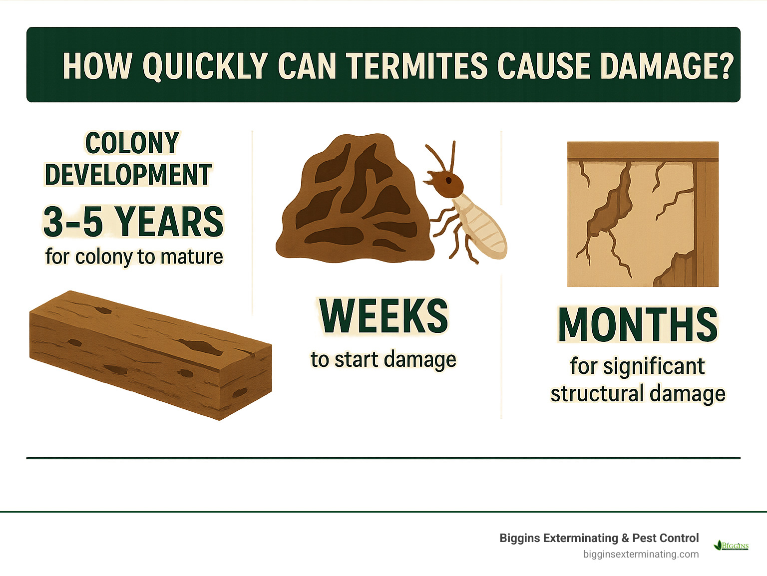 Infographic showing termite damage timeline: 3-5 years for colony to mature, weeks to start damage, months for significant structural damage - signs of termites infographic 