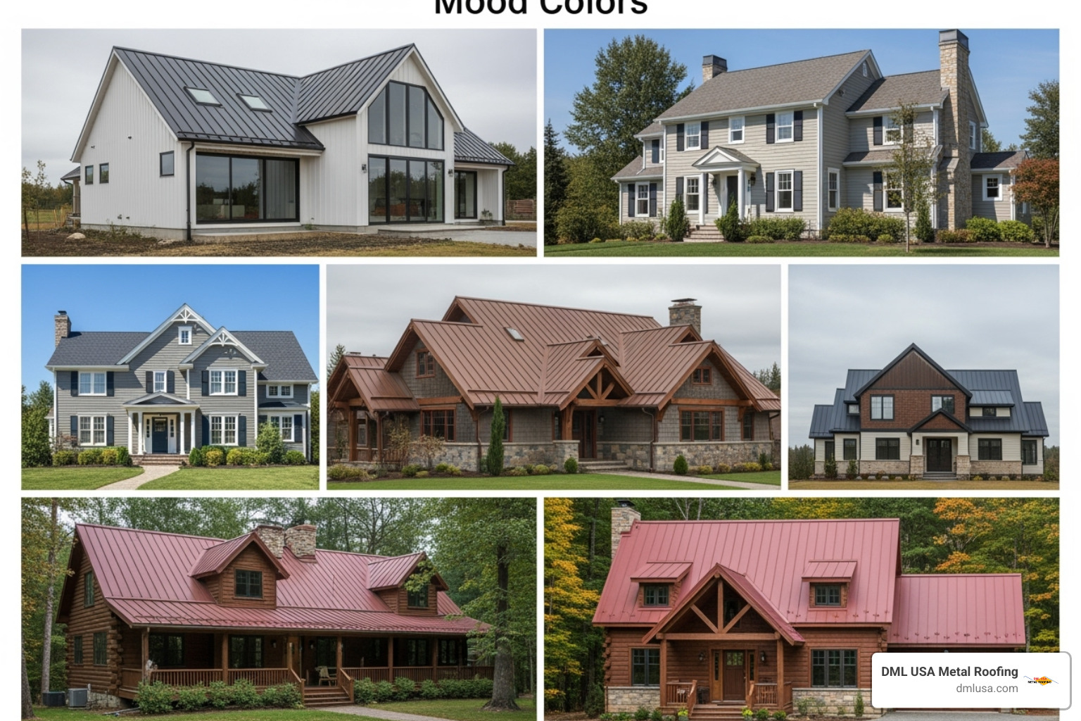 Mood board showing various DML USA metal shake colors paired with different home exterior styles - metal roofing that looks like shake shingles