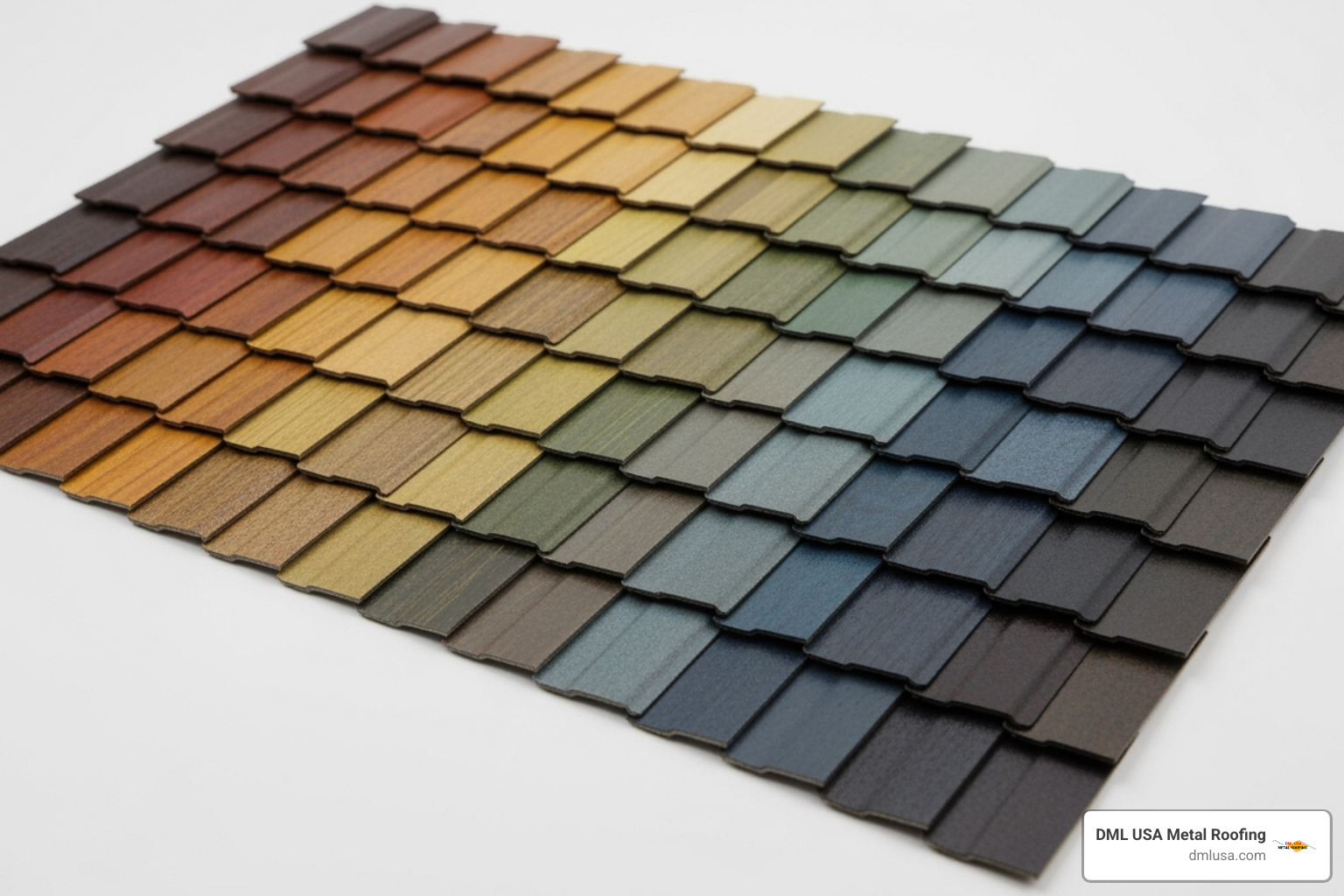 Collection of DML USA metal shake color samples ranging from natural wood tones to contemporary grays - metal roofing that looks like shake shingles