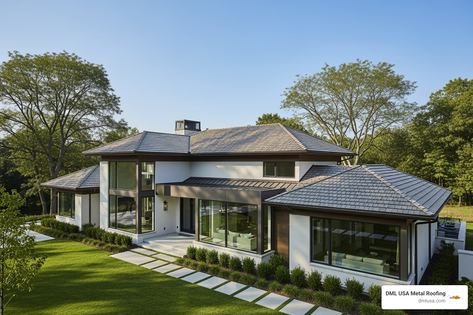 Stunning home exterior showcasing a beautiful DML USA metal shake roof installation - metal roofing that looks like shake shingles