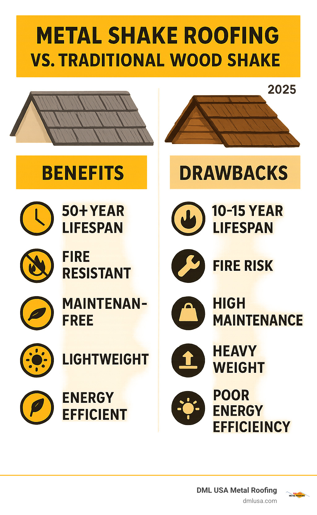 Infographic comparing metal shake roofing benefits (50+ year lifespan, fire resistant, maintenance-free, lightweight, energy efficient) versus traditional wood shake drawbacks (10-15 year lifespan, fire risk, high maintenance, heavy weight, poor energy efficiency) - metal roofing that looks like shake shingles infographic 