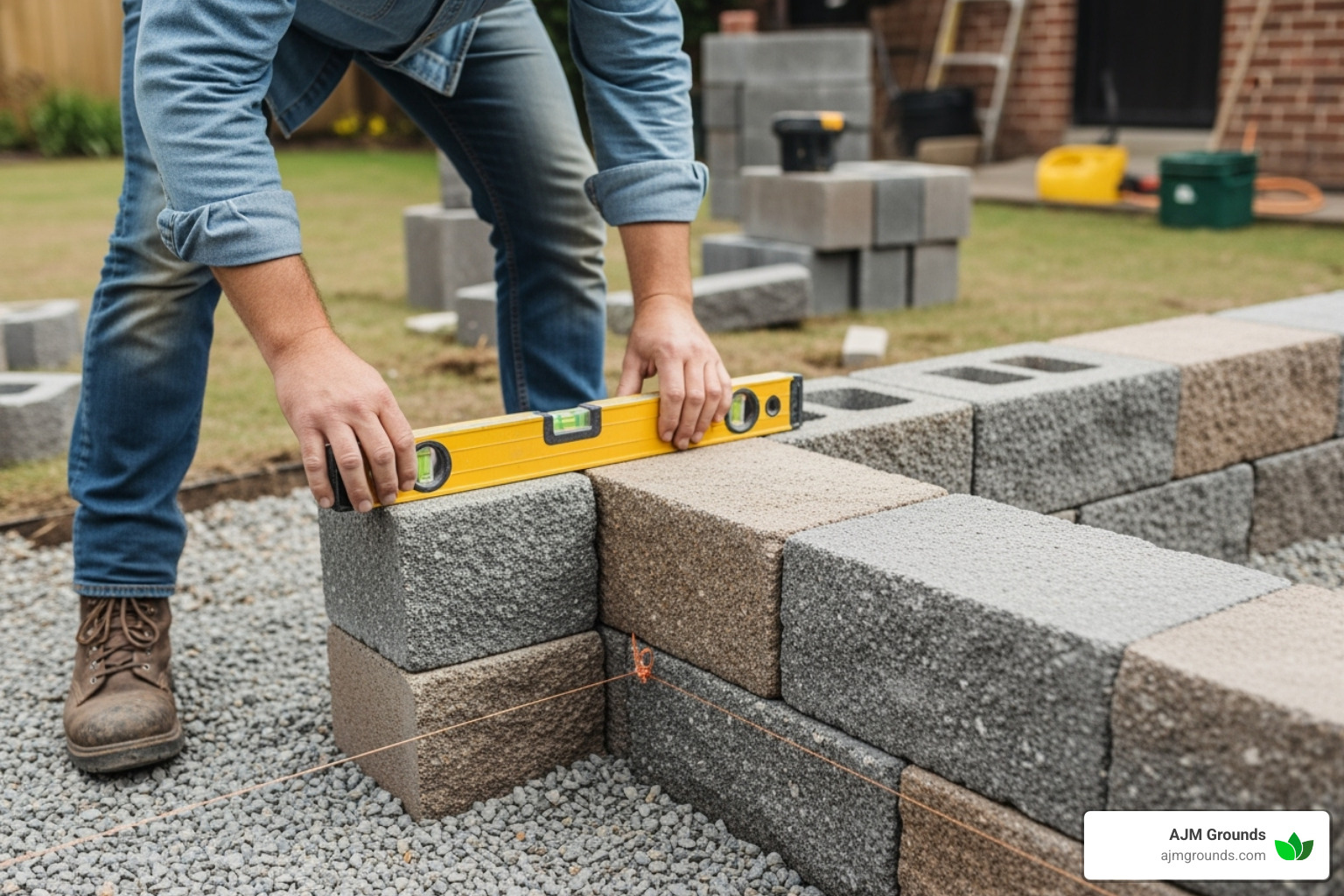 Level being used to check the first course of retaining wall blocks - installing a small retaining wall Level being used to check the first course of retaining wall blocks - installing a small retaining wall