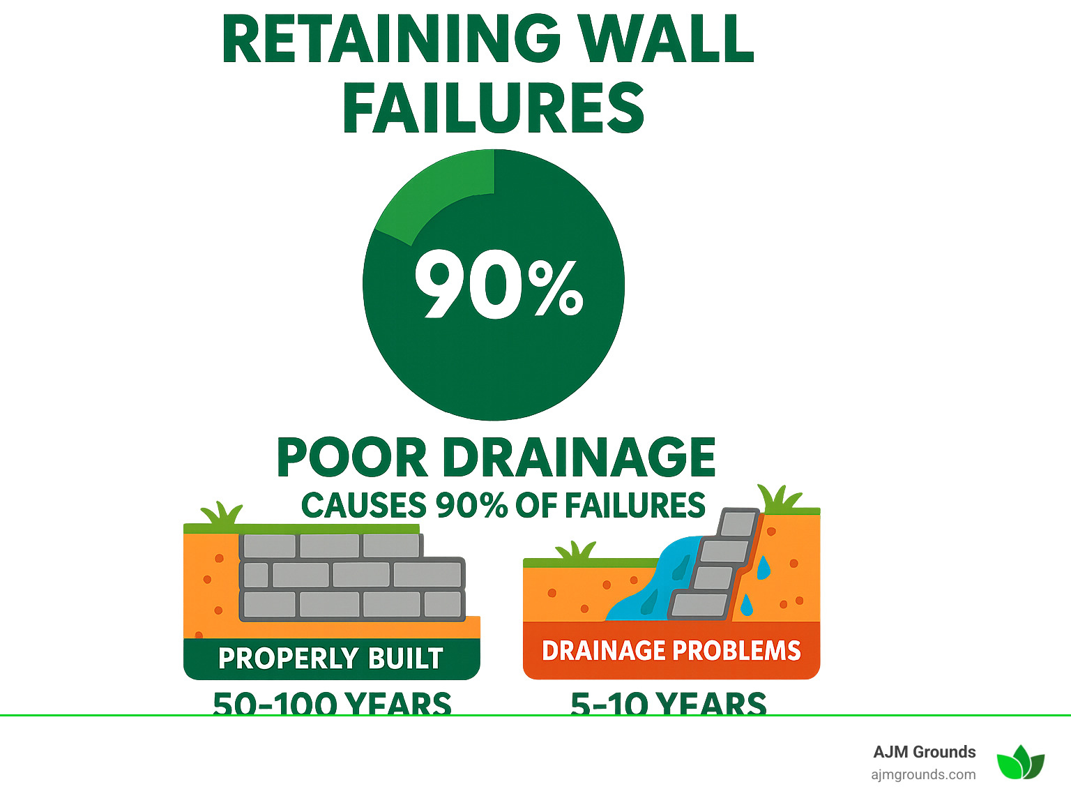 Statistical infographic showing that 90% of retaining wall failures are caused by poor drainage, with average wall lifespan of 50-100 years when properly built versus 5-10 years with drainage problems - installing a small retaining wall infographic Statistical infographic showing that 90% of retaining wall failures are caused by poor drainage, with average wall lifespan of 50-100 years when properly built versus 5-10 years with drainage problems - installing a small retaining wall infographic