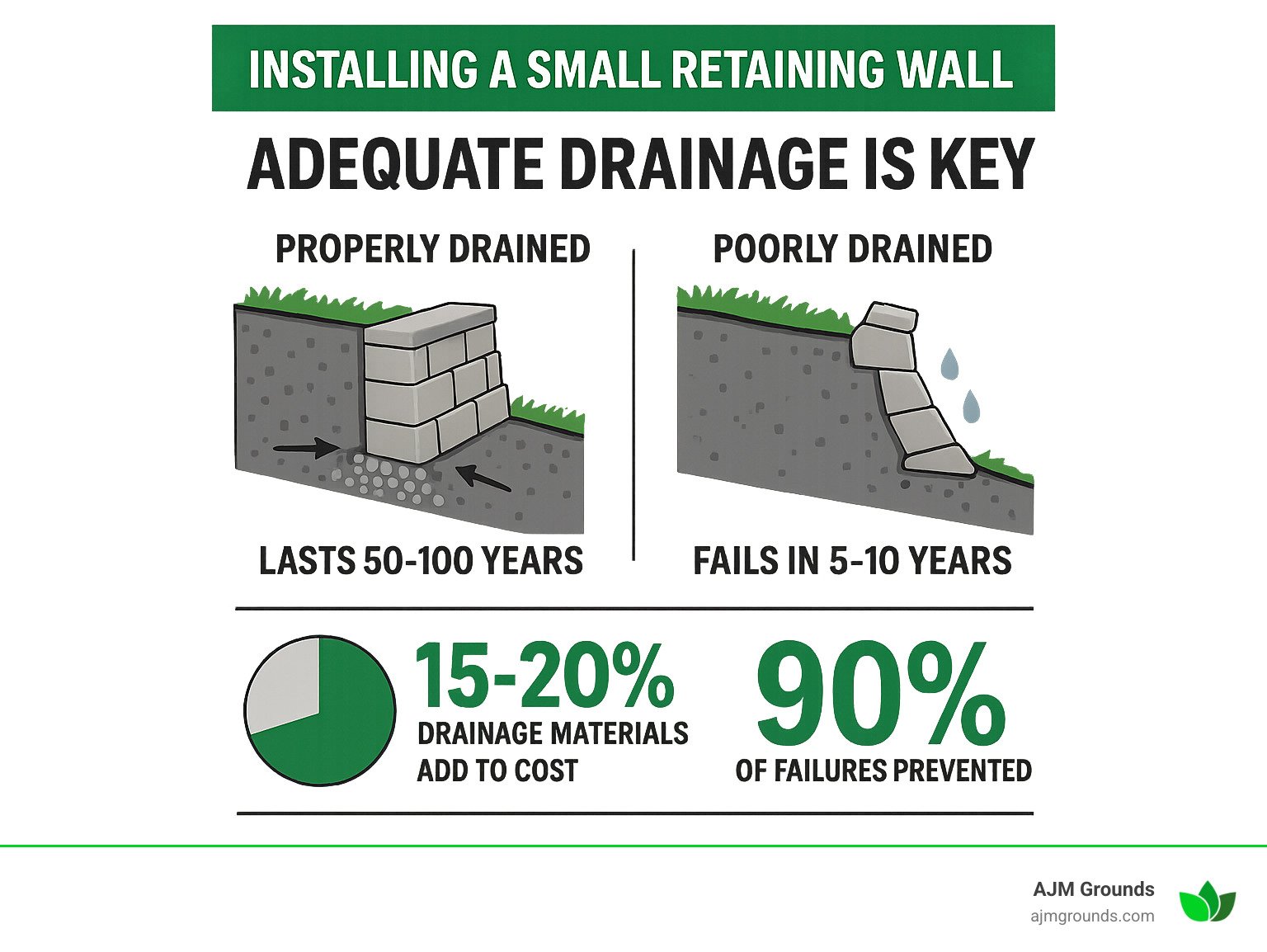 Statistical comparison showing properly drained walls lasting 50-100 years versus poorly drained walls failing in 5-10 years, with cost breakdown showing drainage materials add only 15-20% to project cost but prevent 90% of failures - installing a small retaining wall infographic Statistical comparison showing properly drained walls lasting 50-100 years versus poorly drained walls failing in 5-10 years, with cost breakdown showing drainage materials add only 15-20% to project cost but prevent 90% of failures - installing a small retaining wall infographic