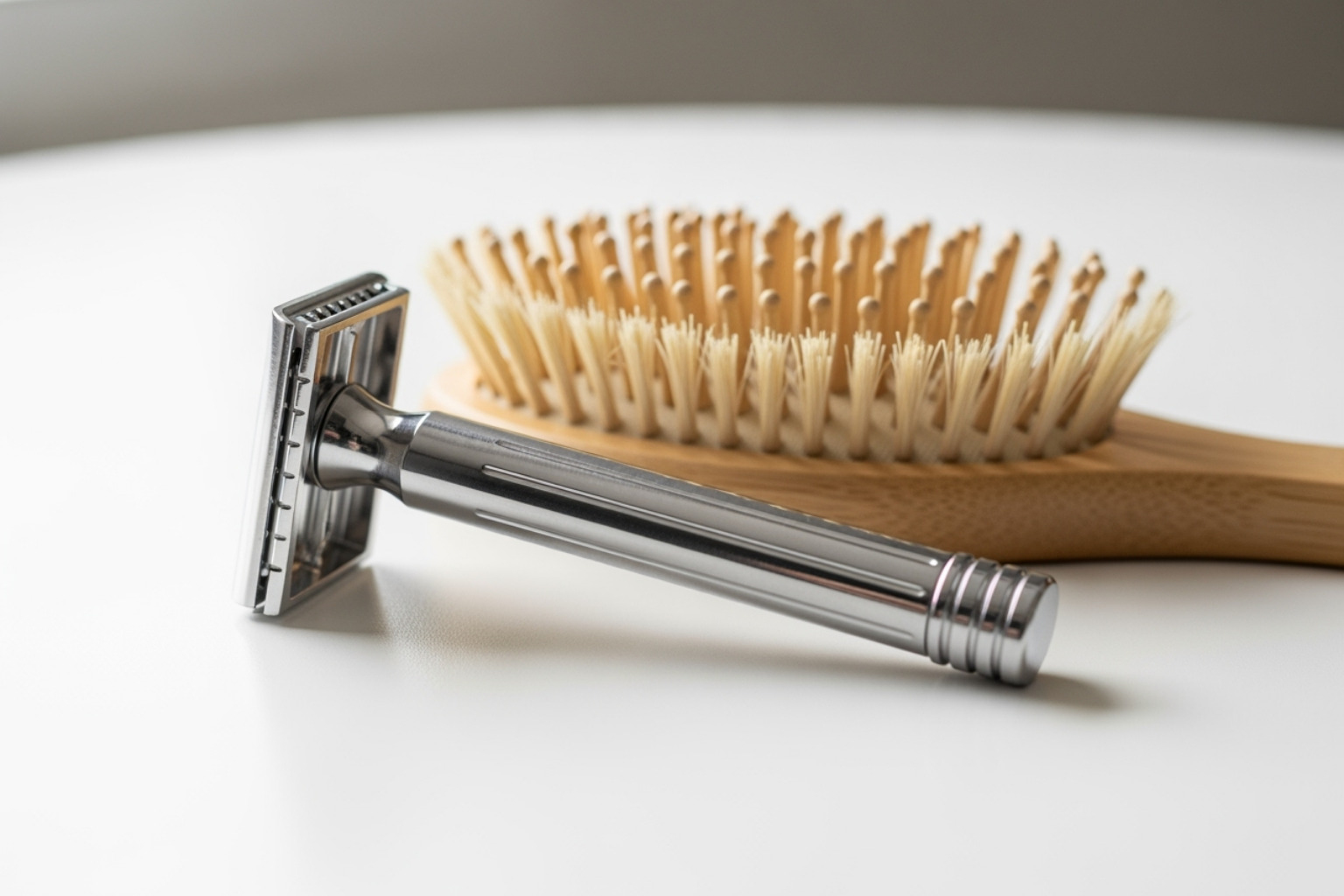 sleek stainless steel safety razor next to bamboo hairbrush - sustainable beauty tools