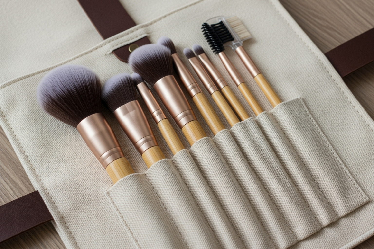 set of bamboo makeup brushes in canvas roll-up bag - sustainable beauty tools