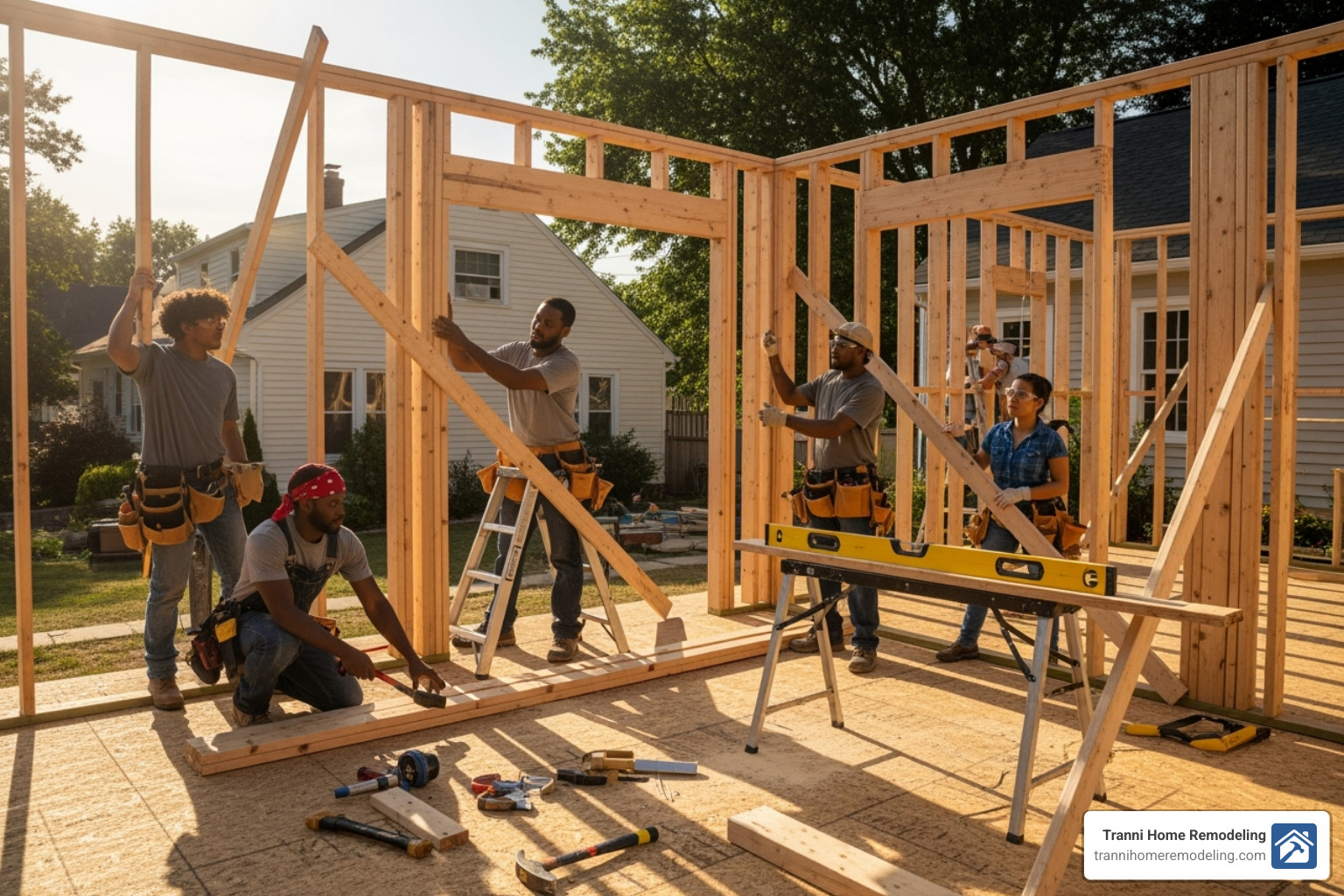 home addition being framed by a construction crew - add a room to a house home addition being framed by a construction crew - add a room to a house