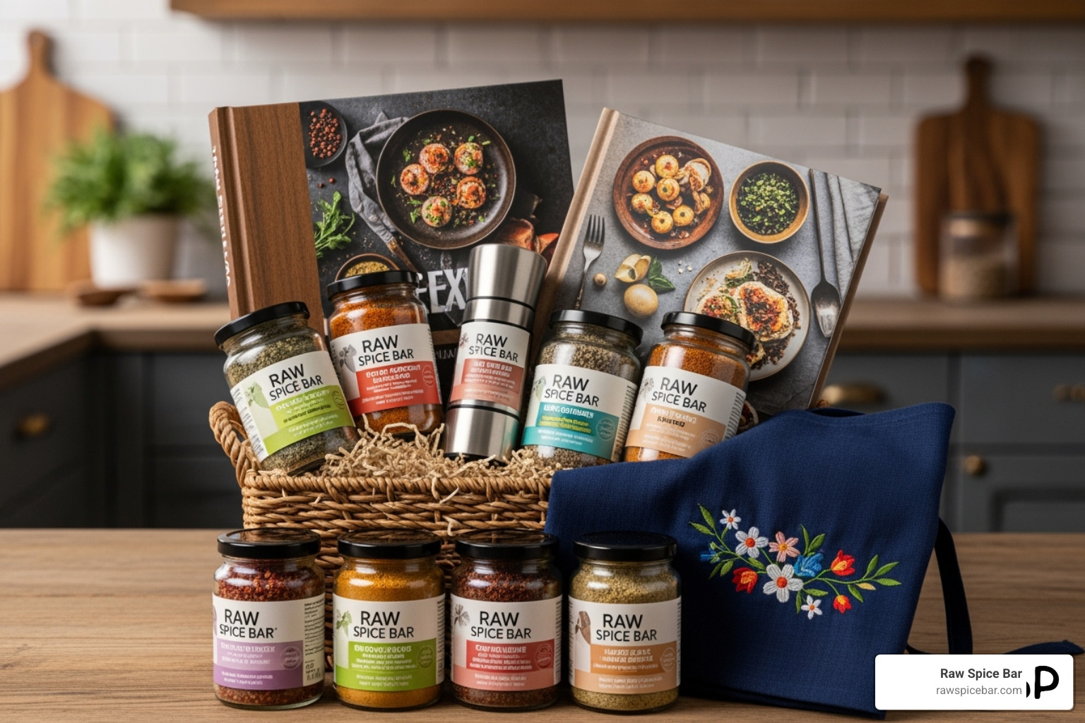 Gift basket with Raw Spice Bar spices, grinder, cookbook, and apron - spice gifts for cooks