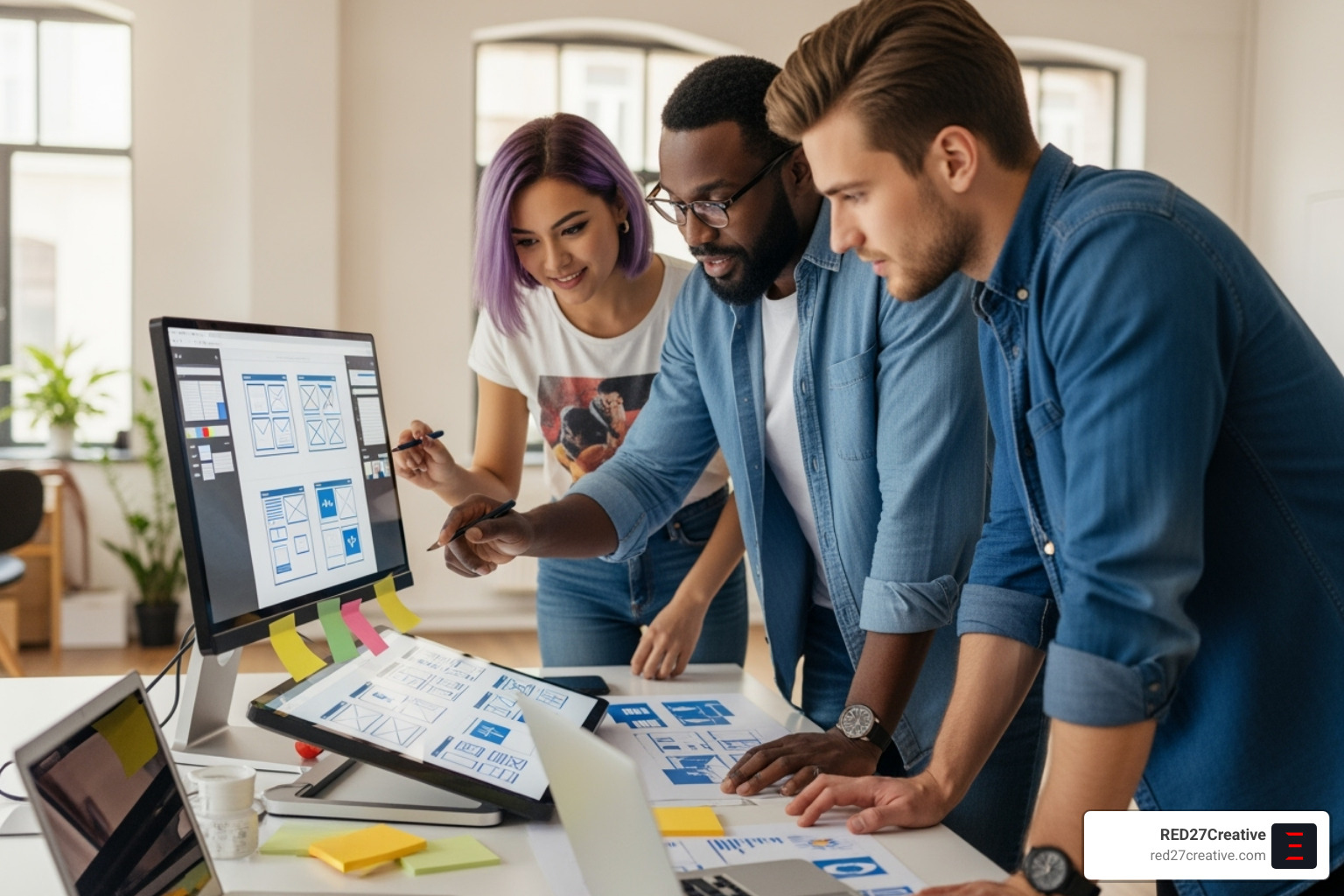 Collaborative team planning a website layout with wireframes and design mockups - Aurora web design company Collaborative team planning a website layout with wireframes and design mockups - Aurora web design company