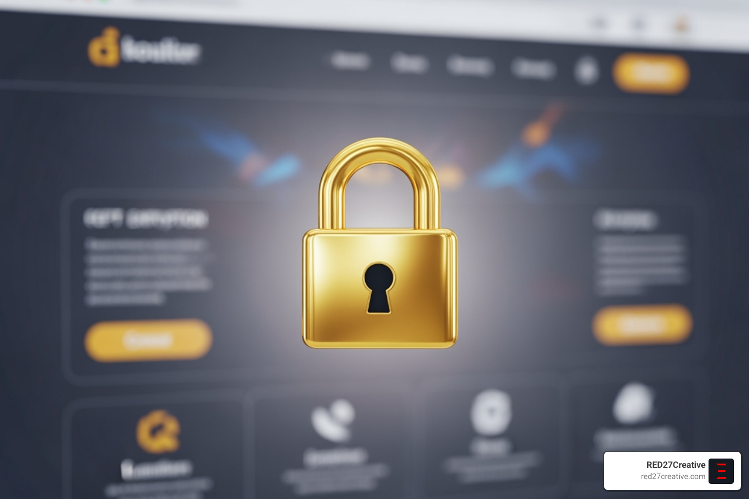 Secure lock icon over a website interface representing website security - Aurora web design company Secure lock icon over a website interface representing website security - Aurora web design company