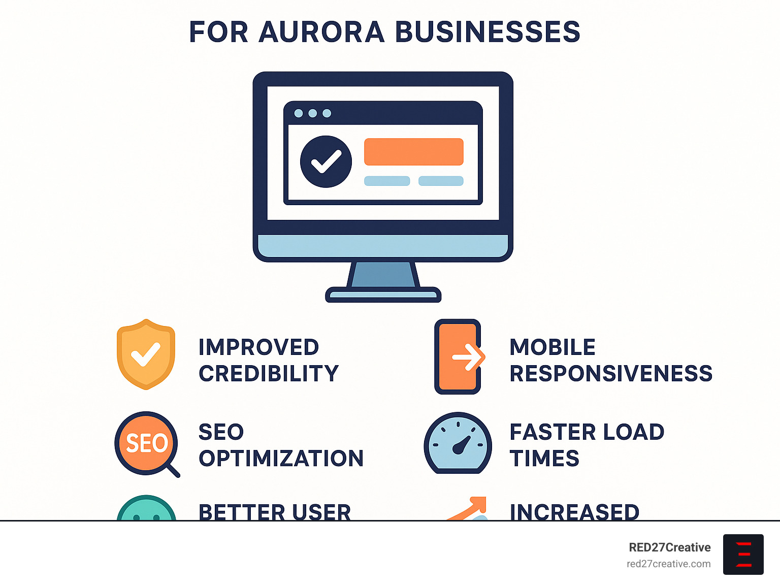 Infographic showing the essential benefits of professional web design for Aurora businesses including improved credibility, mobile responsiveness, SEO optimization, faster load times, better user experience, and increased conversion rates - Aurora web design company infographic Infographic showing the essential benefits of professional web design for Aurora businesses including improved credibility, mobile responsiveness, SEO optimization, faster load times, better user experience, and increased conversion rates - Aurora web design company infographic