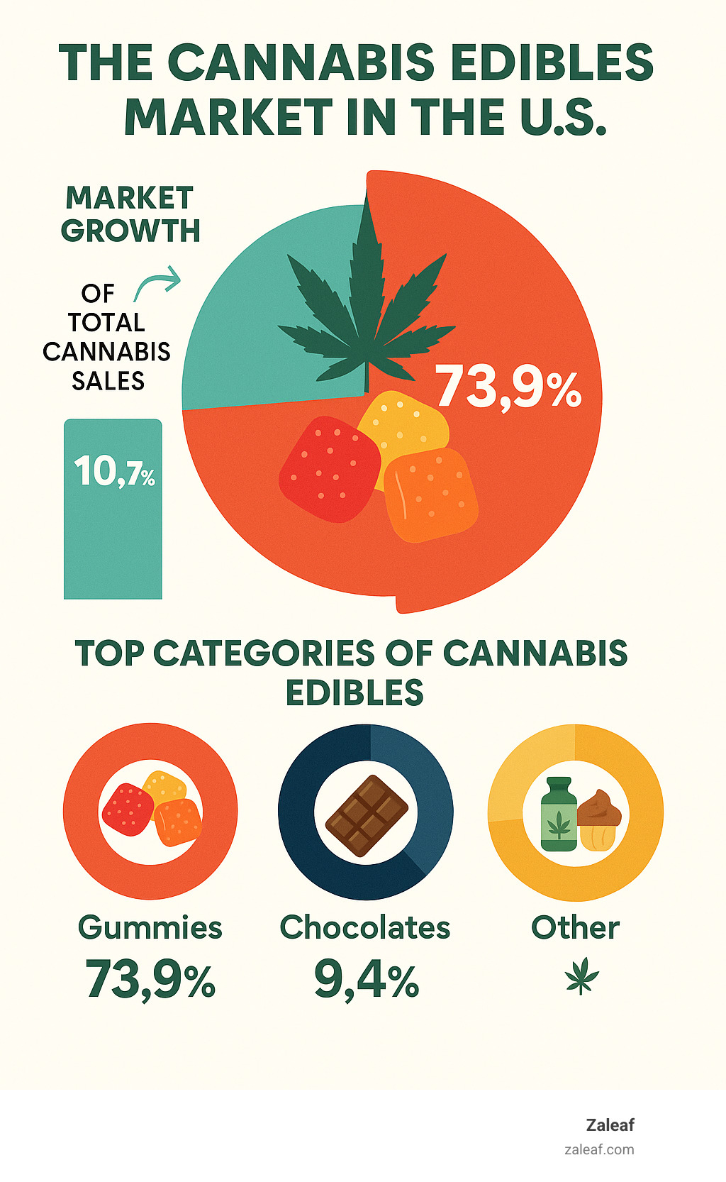 Infographic showing US cannabis edibles market growth from 10.7% to 12.1% of total sales, with gummies dominating at 73.9% market share, chocolates at 9.4%, and other categories including beverages and baked goods making up the remainder - best-selling cannabis edibles infographic 