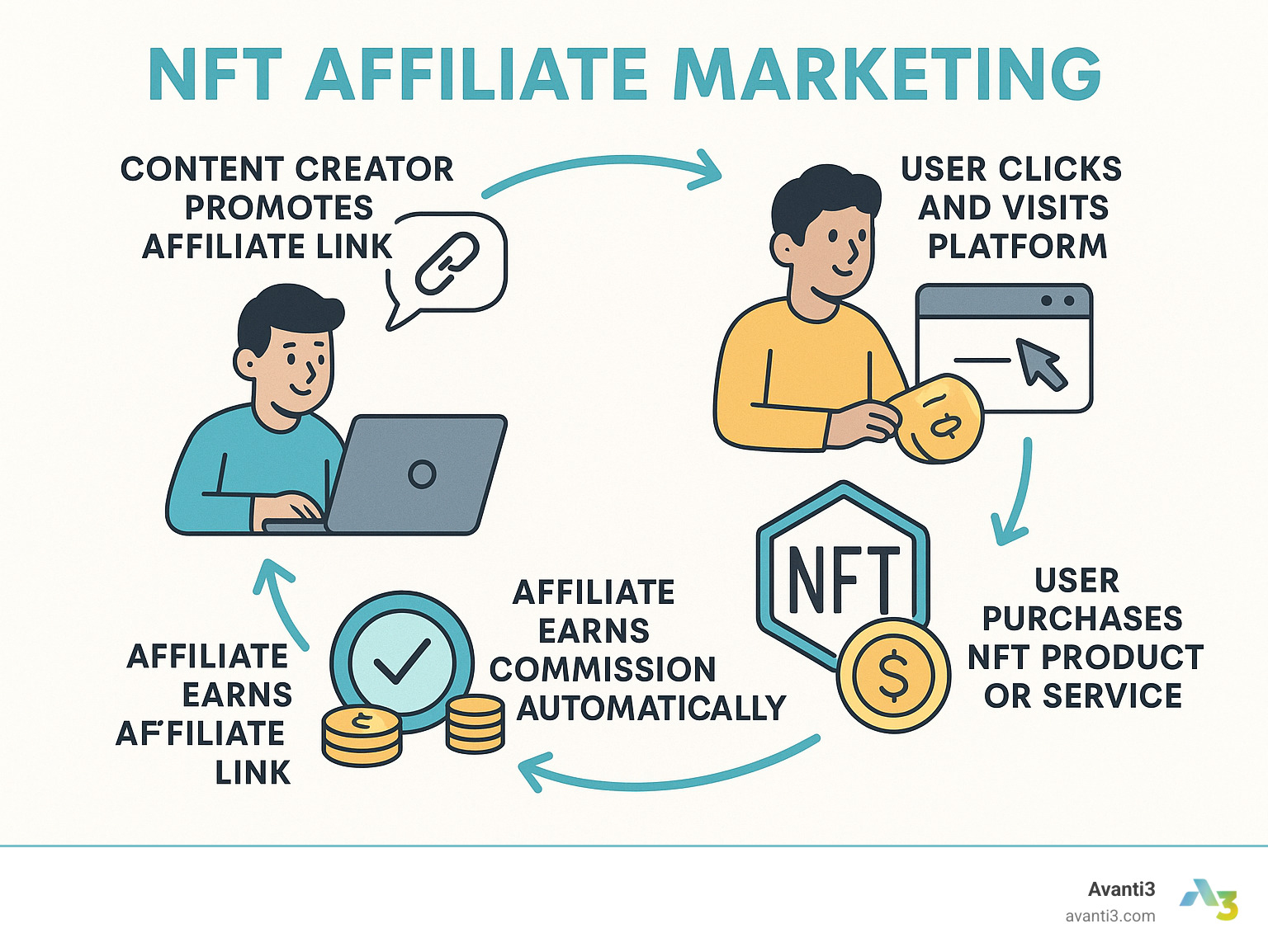 Infographic showing the NFT affiliate marketing cycle: content creator promotes affiliate link, user clicks and visits platform, user purchases NFT product or service, affiliate earns commission automatically - NFT affiliate marketing infographic 