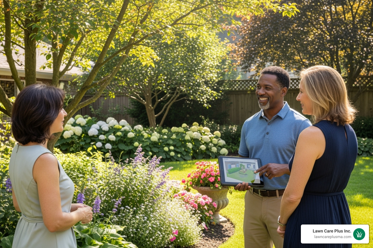 Friendly landscaper discussing project plans with homeowner in a well-maintained yard - Landscaping Near Norwood MA
