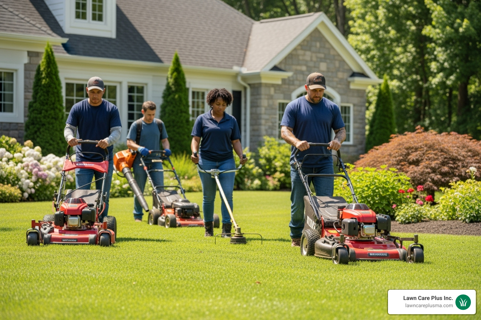 Professional landscaping crew working on a lush green lawn with equipment and tools - Landscaping Near Norwood MA