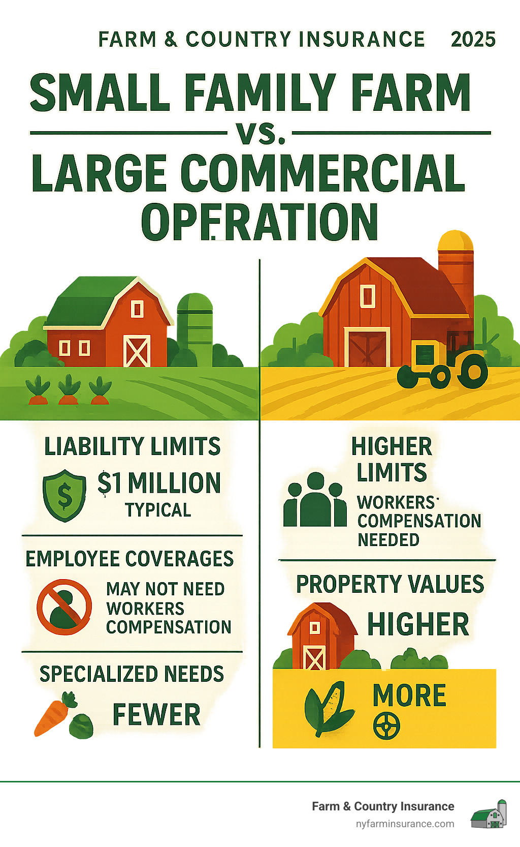 Infographic comparing insurance needs between small family farms and large commercial operations, showing differences in liability limits, employee coverages, property values, and specialized needs - business insurance for farms infographic 