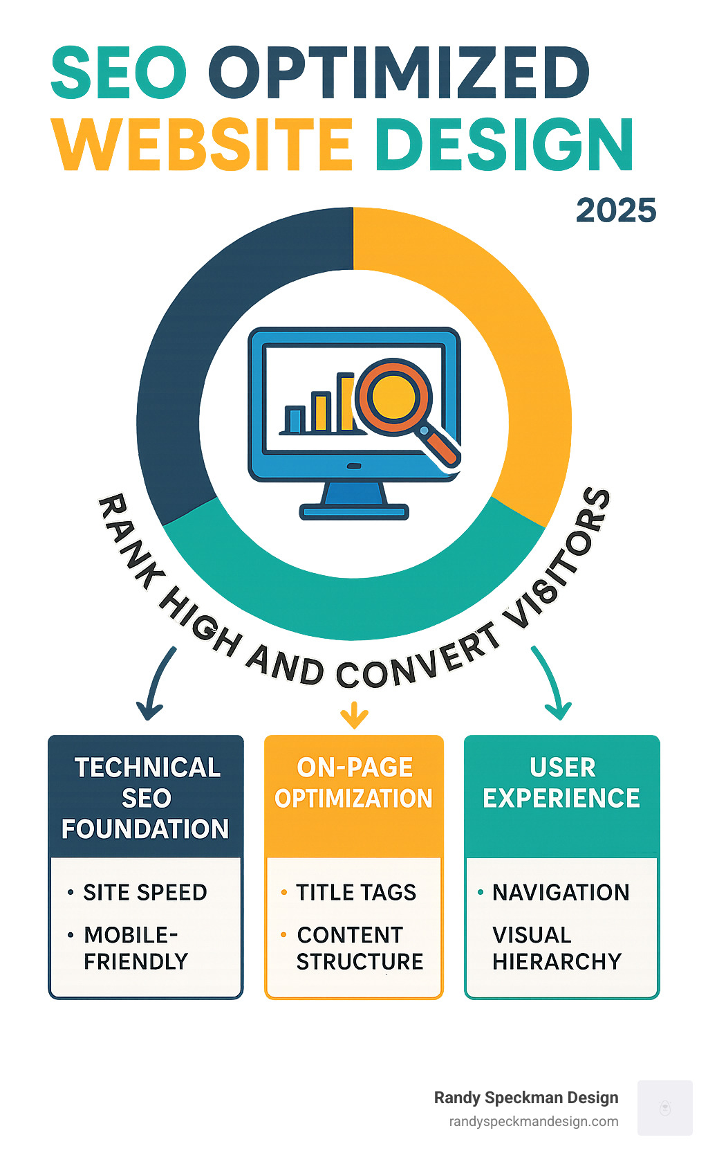 Infographic showing the three core pillars of SEO optimized website design: Technical SEO foundation with server speed and mobile responsiveness, On-Page optimization including title tags and content structure, and User Experience elements like navigation and visual hierarchy, all working together to create websites that rank high and convert visitors - SEO optimized website design infographic 