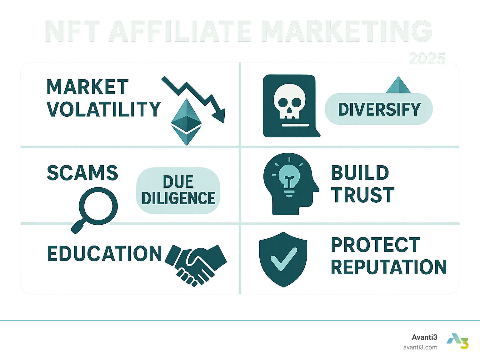 Infographic showing key challenges in NFT affiliate marketing and solutions: market volatility solved by diversification, scams prevented by due diligence, education builds trust, compliance protects reputation - NFT affiliate marketing infographic 