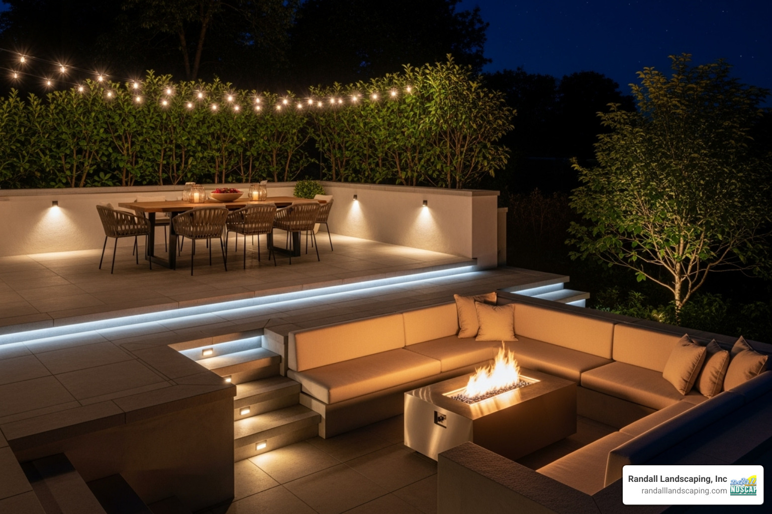 multi-level patio with fire pit and lighting - Patio design Windham NH