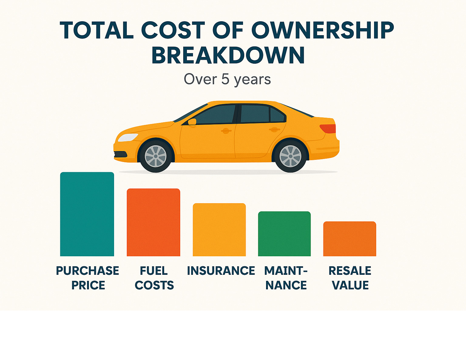 Infographic showing total cost of ownership breakdown: purchase price, fuel costs, insurance, maintenance, and resale value over 5 years - best highway cars infographic 