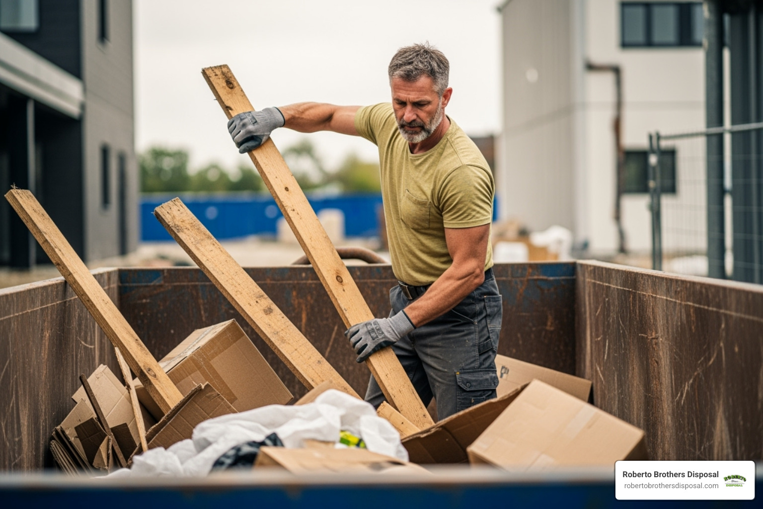 Person loading debris into dumpster efficiently - 20 yd dumpster prices