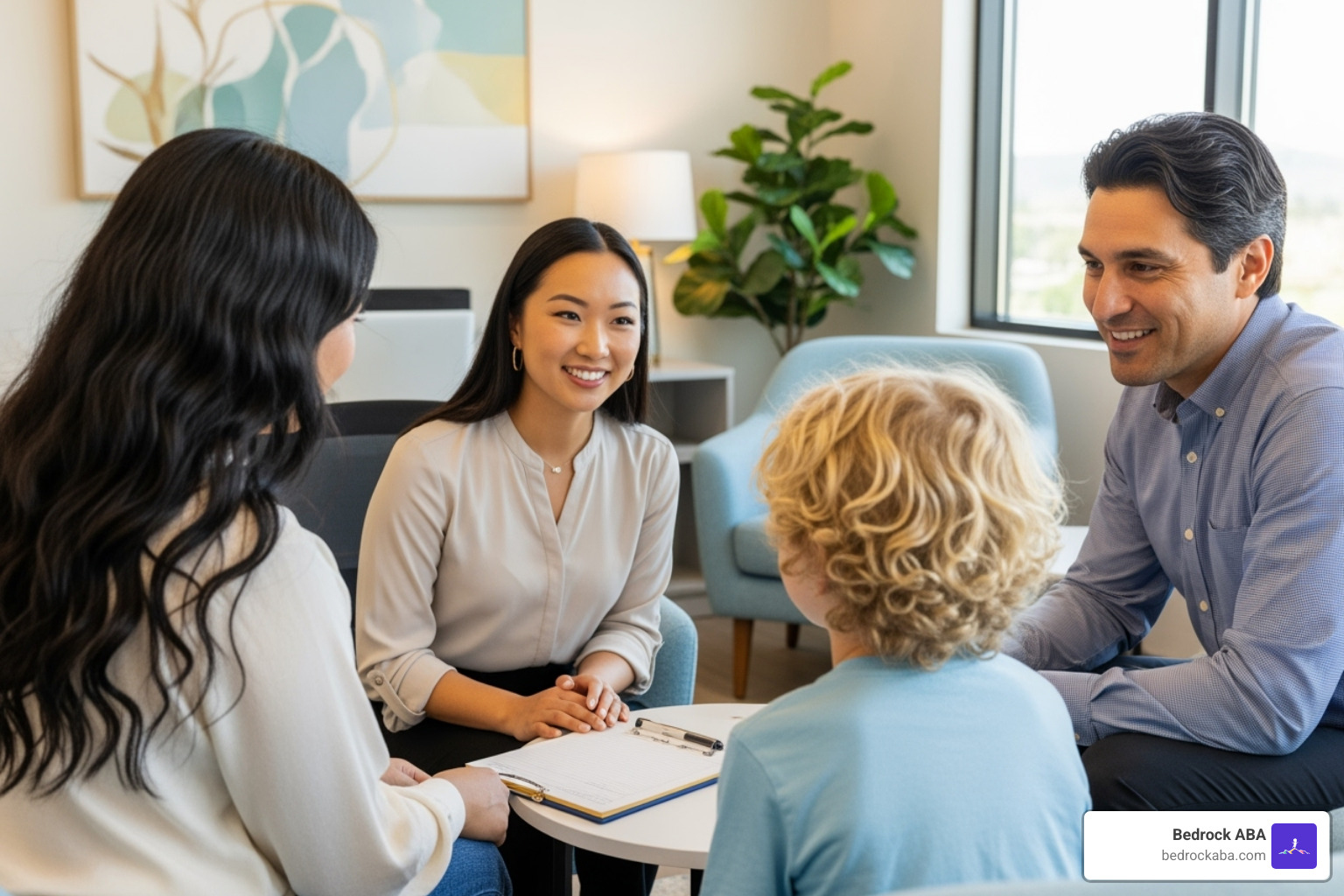 Family having a positive consultation with a Board Certified Behavior Analyst (BCBA) - aba therapy medicaid near me