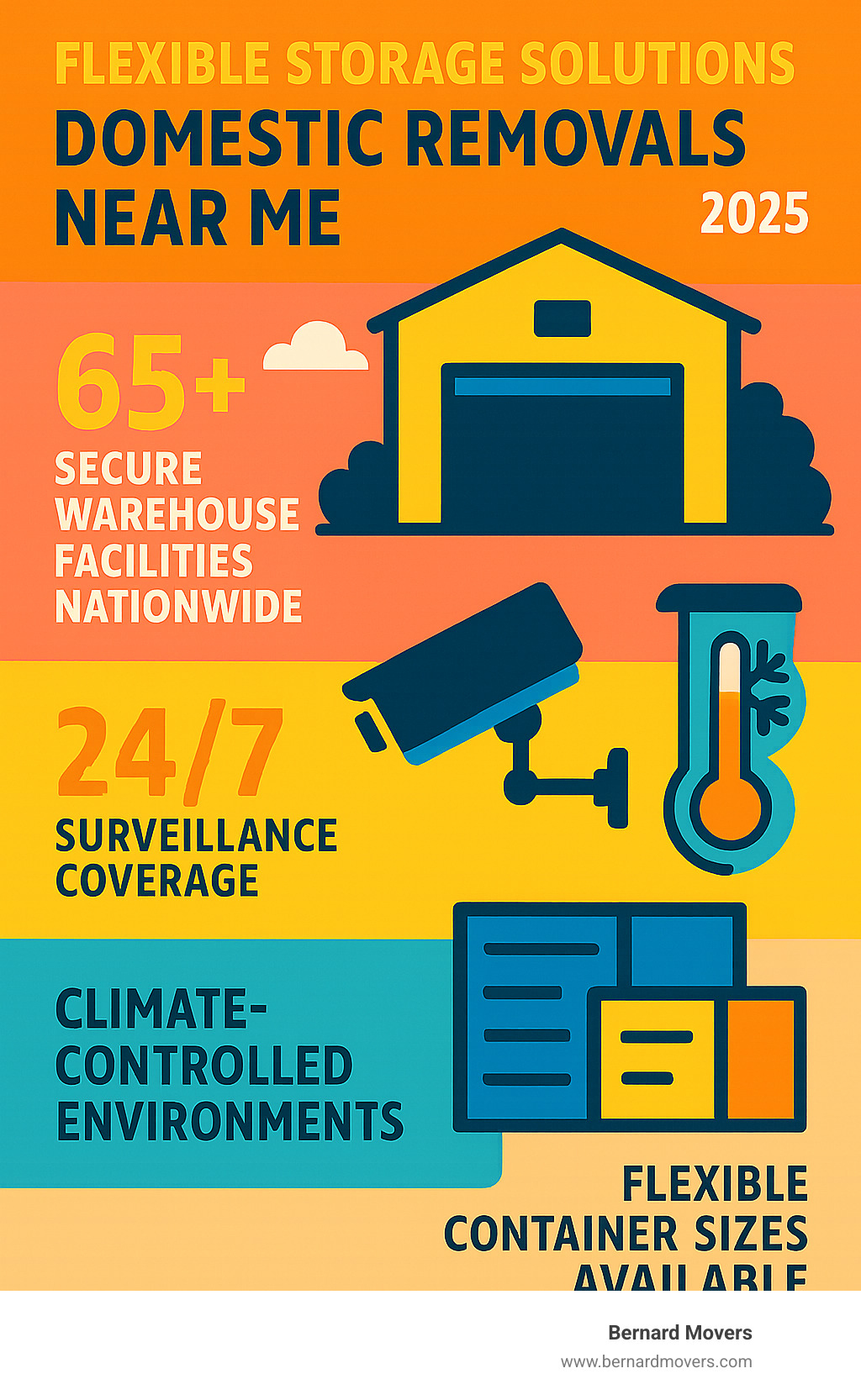 Infographic showing storage solution statistics: 65+ secure warehouse facilities nationwide, 24/7 surveillance coverage, climate-controlled environments, flexible container sizes available - domestic removals near me infographic 