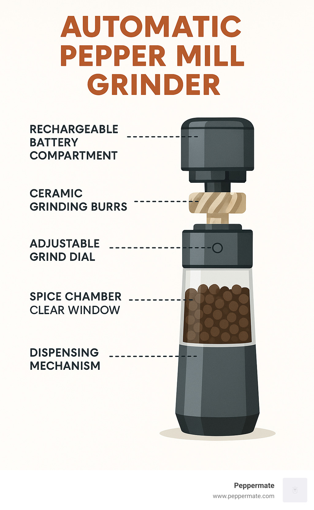 Infographic showing the anatomy of an automatic pepper mill grinder with labeled components: rechargeable battery compartment, motor housing, ceramic grinding burrs, adjustable grind dial, spice chamber with clear window, and dispensing mechanism - automatic pepper mill grinder infographic 