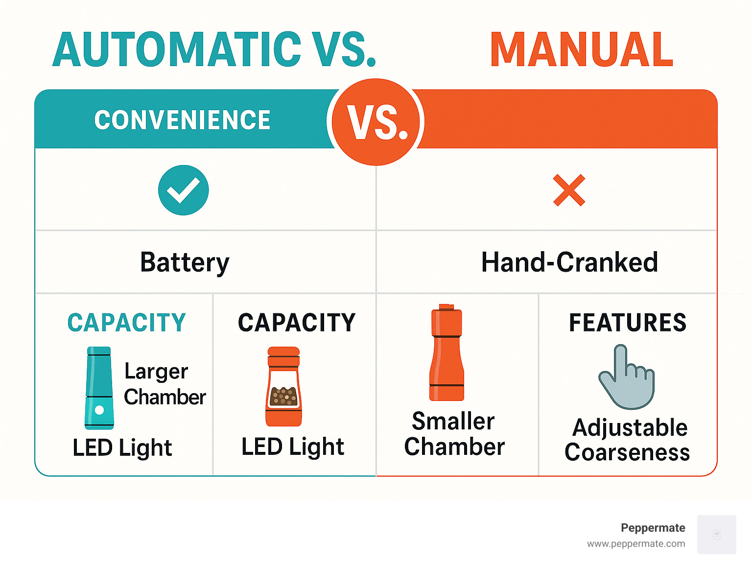 Comparison chart showing automatic vs manual pepper mills across different factors - automatic pepper mill grinder infographic 