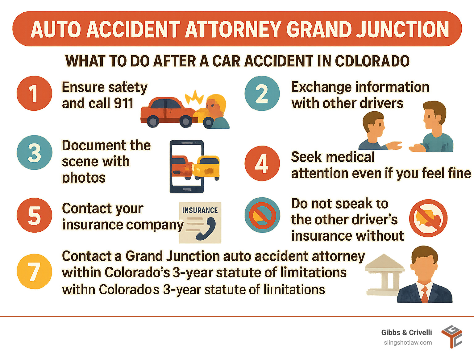 Infographic showing the immediate steps to take after a car accident in Colorado: 1) Ensure safety and call 911, 2) Exchange information with other drivers, 3) Document the scene with photos, 4) Seek medical attention even if you feel fine, 5) Contact your insurance company, 6) Do not speak to the other driver's insurance without an attorney, 7) Contact a Grand Junction auto accident attorney within Colorado's 3-year statute of limitations - Auto accident attorney Grand Junction infographic Infographic showing the immediate steps to take after a car accident in Colorado: 1) Ensure safety and call 911, 2) Exchange information with other drivers, 3) Document the scene with photos, 4) Seek medical attention even if you feel fine, 5) Contact your insurance company, 6) Do not speak to the other driver's insurance without an attorney, 7) Contact a Grand Junction auto accident attorney within Colorado's 3-year statute of limitations - Auto accident attorney Grand Junction infographic