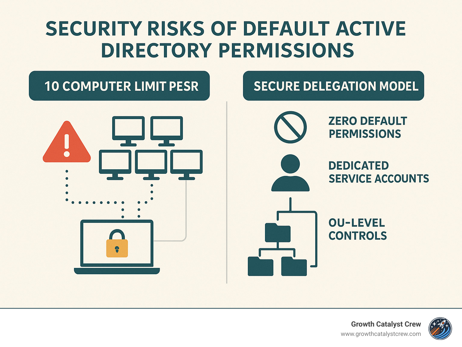 Infographic showing the security risks of default Active Directory permissions with 10 computer limit per user versus a secure delegation model with zero default permissions, dedicated service accounts, and OU-level controls - delegate access to domain controller infographic