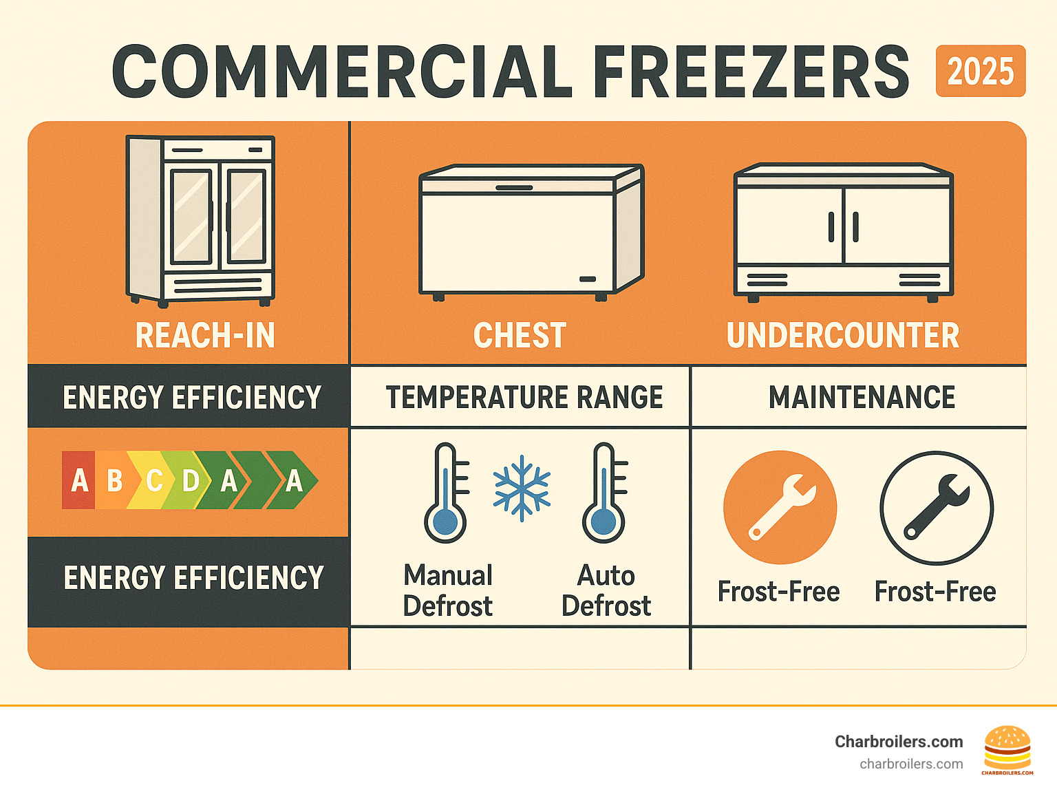 Infographic showing energy efficiency ratings, temperature ranges, and maintenance schedules for different commercial freezer types - commercial freezers infographic Infographic showing energy efficiency ratings, temperature ranges, and maintenance schedules for different commercial freezer types - commercial freezers infographic