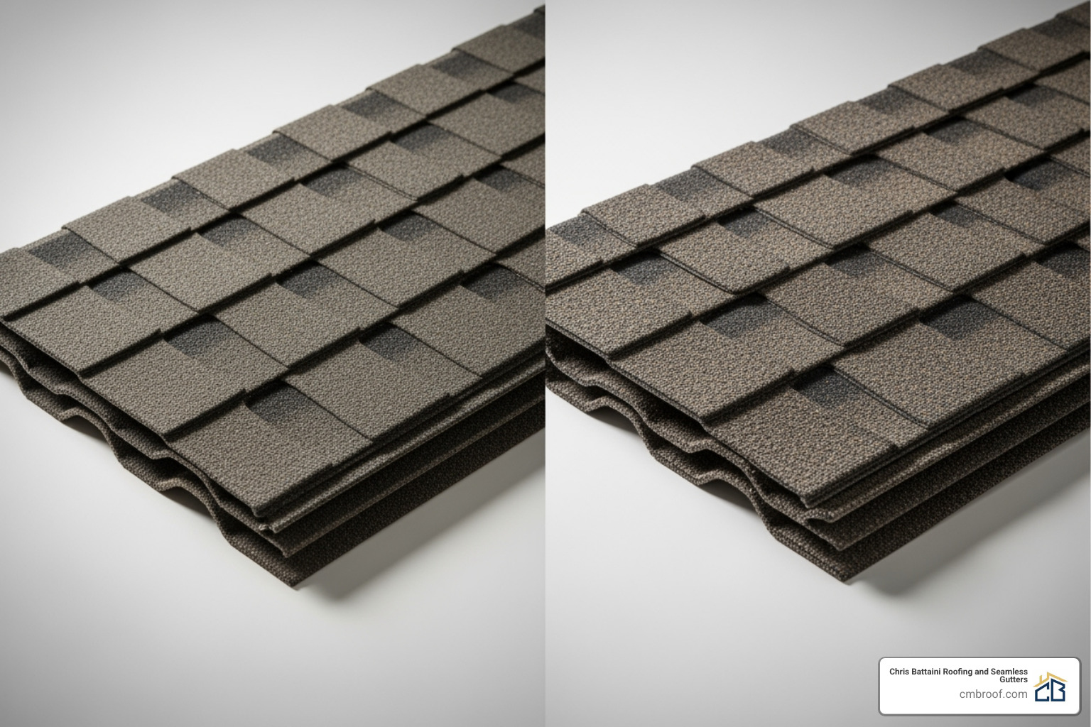 Comparison showing the flat look of 3-tab shingles versus the textured, dimensional look of architectural shingles - asphalt shingle replacement Comparison showing the flat look of 3-tab shingles versus the textured, dimensional look of architectural shingles - asphalt shingle replacement