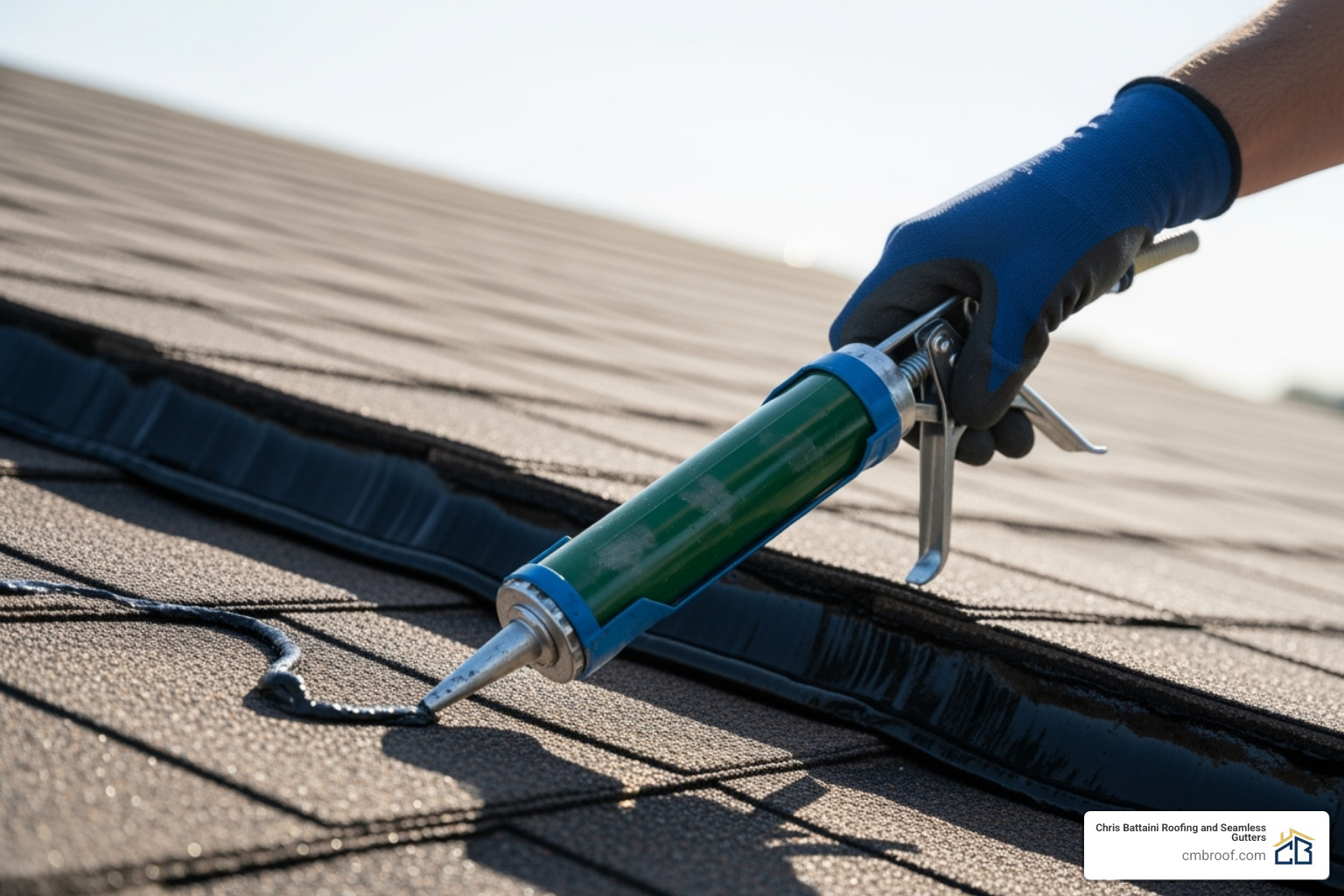 Applying roofing cement under shingle tabs with a caulk gun - asphalt shingle replacement Applying roofing cement under shingle tabs with a caulk gun - asphalt shingle replacement