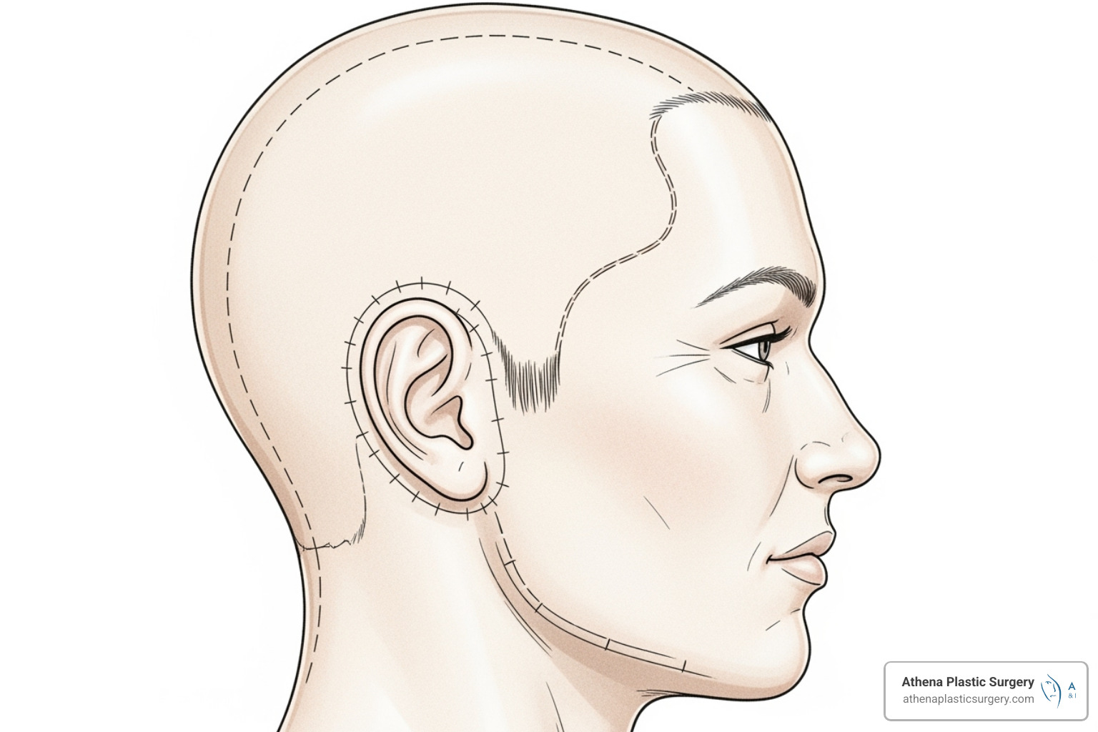 Illustration showing typical mini facelift incision lines hidden around the ear and hairline - what is a mini face lift Illustration showing typical mini facelift incision lines hidden around the ear and hairline - what is a mini face lift